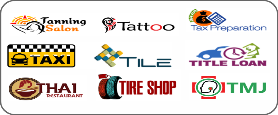 tanning salon, tattoo, tax preparation, taxi, tile, title loan, Thai restaurant, tire shop, TMJ